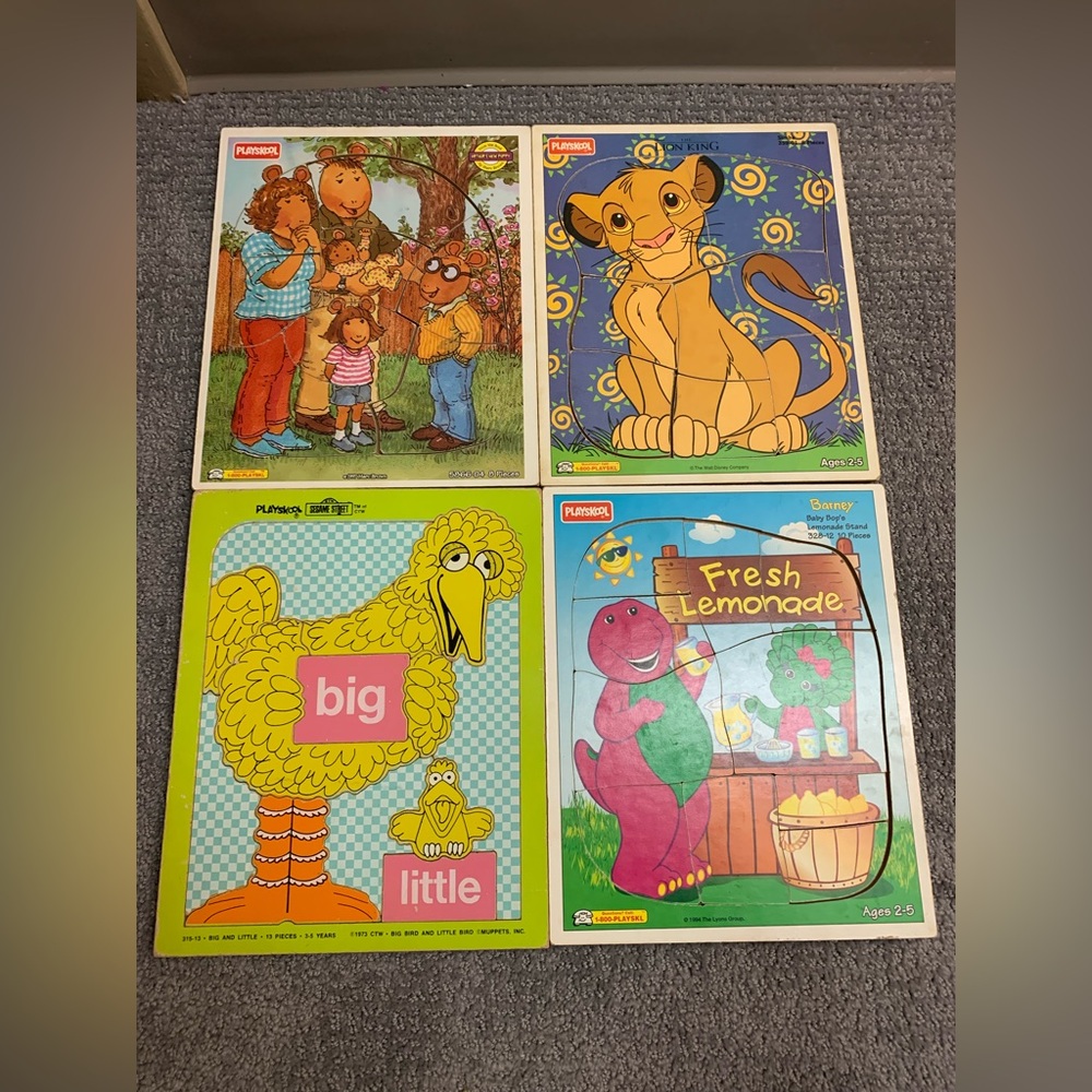 Lot Of 4 Vintage PLAYSKOOL Wooden Puzzles Big Bird,Barney,The Lion King,Arthur